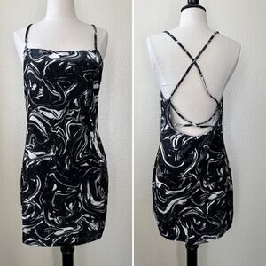 H&M Fitted Dress Black Marble mini little black dress white swirl pattern velvet